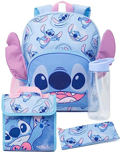 Disney Lilo and Stitch Girls Backpack Set | Kids 4 Piece Rucksack Set with School Bag, Pencil Case, Lunch Bag & Water Bottle | 3D Complete Matching Accessory Set | Back to School Gifts for Children