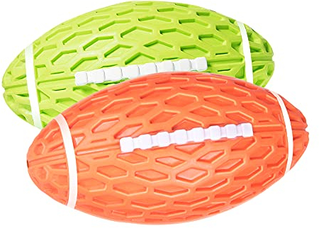 AUSCAT 2Stk. Hundespielzeug Quietschend, 14cm Kauspielzeug Hund für Mittlere & Große Hunde, Hundeball aus Naturkautschuk, Rugby-Form, Grün und Orange