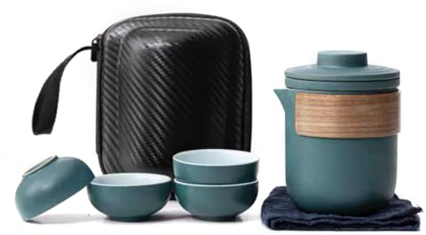 Serlium Porzellan Teetasse mit Kanne set,Reise-Teeservice Mit Aufbewahrungstasche, Tragbares Mini-Teekannen-Set aus Keramik Für Den Außenbereich Tee Set Geschenk (4 Tassen)