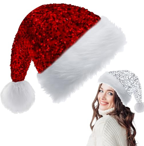COSORO Gorro Navidad Adulto Niños Rojo,35 * 45cm Pompón Sombrero de Navidad Unisex Lentejuelas,Gorros Navideños Felpa Accesorios Decoración Navideños para Fiestas Año Nuevo,Regalos de Festividad