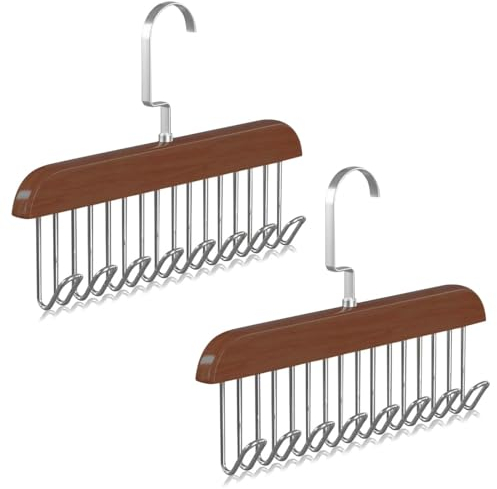 2 Stück Gürtelhalter, Kleiderbügel Holz mit 8 Haken 360 Grad Krawattenhalter rutschfest Krawattemhalter Drehbarer Krawattenbügel Gürtel Schal Organizer Aufbewahrung (Braun)