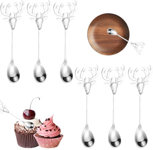 6 stycken älg blandningsskedar, rostfritt stål skedar julskedar dessertgaffel liten gaffel kakgafflar skål gafflar cocktailgafflar, perfekt för eftermiddagsteet en dessertbutik (horn
