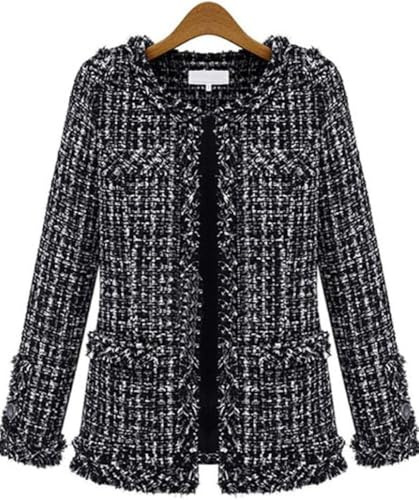Suncadmious Elegante Giacca da Donna in Tweed Plaid con Frange e Scollo Rotondo Aperto sul Davanti (Nero,XL)
