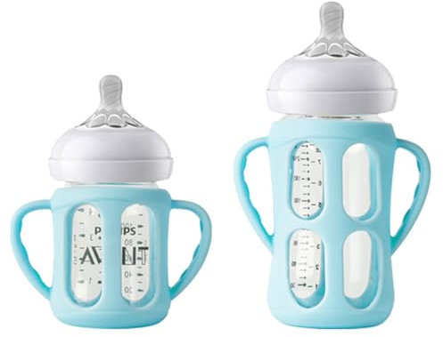 2 Pack Silicone Sleeves for Philips Avent Glass Natural Baby Bottles 4oz and 8oz, Anti Breakage Baby Bottle Holder with Handle, Feeding Bottle Handle (Blue)