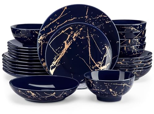 LOVECASA Service de Table en Porcelaine 6 Personnes - Collection Daphne - 24 pièces Design Éclaboussures Dorées (Assiettes, Bols, Tasses à café) Service Complet pour Repas & Brunch