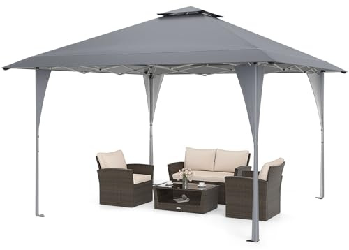 COSTWAY Pop Up Pavillon 4x4 m, Gartenpavillon Höhenverstellbar mit Doppeldach & Metallrahmen, Wasserdicht & Stabil, Faltpavillon inkl. Tragetasche, Gartenzelt Partyzelt für Terrasse, Garten (Grau)