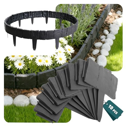 VOUNOT® 10 x Garden Edge Border Cobbled Stone Effect, Durable Garden Lawn Fence Landscape Edging, In 2.5 Meter, Grey