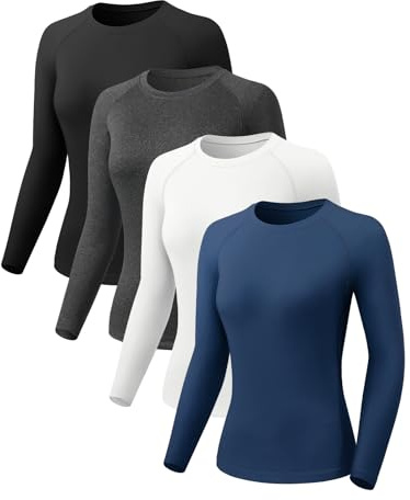 Orrfreer 4 Pack Women's Activewear Gym Tops Long Sleeve Compression Shirt Fitness Workout Yoga Tops Ladies Sports Running T-Shirt Fast Dry, Breathable Black/Grey/White/Navy Blue S