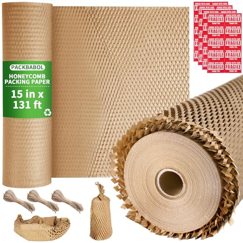 PACKBABOL Honeycomb Packing Paper Bubble Wrap Roll 15 x 131' - Eco-Friendly Bubble Cushioning Wrap for Moving，Shipping and Packing Supplies with 40 Fragile Stickers & 3 Hemp Ropes