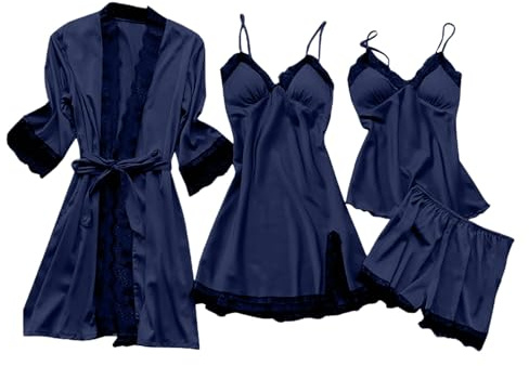 Pigiama da donna elegante, set di 4 pezzi, camicia da notte Cami sexy Negligée con pizzo, vestaglia leggera, corta, pigiama, pigiameria, sexy, da donna, Blu marino, XL