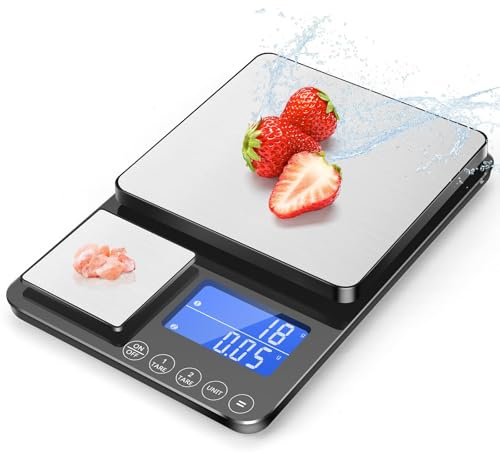 Drcowu Balanza de Cocina Digital con Doble Plato, 500g/0,01g y 15kg/1g | Función Tara y Acumulación, de Acero Inoxidable, Báscula de Cocina Ideal para Cocinar, Repostería y Elaboración de Joyas