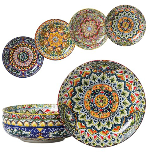 Henten Home Juego de platos hondos de pasta, 4 platos hondos de colores, 1000 ml, cuencos multiusos para sopa, fideos, espaguetis, pasta, ensalada, serie Mylo, estilo boho
