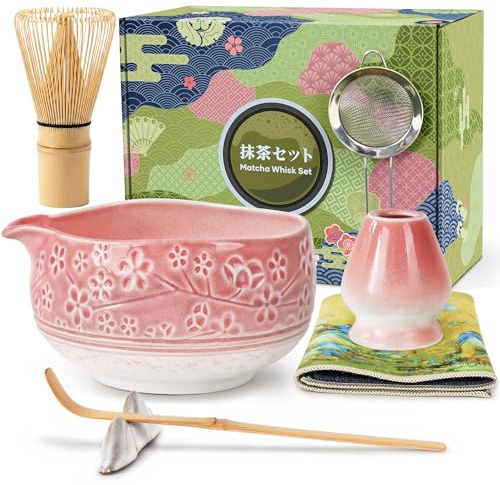 Liconico Kit Matcha 7 pezzi, Frusta in Bambù con Portafrusta, Ciotola in Ceramica con Beccuccio, Colino, Cucchiaio, Strofinaccio – Per Matcha Latte, Cerimonia del Tè Giapponese – Rosa Sfumato