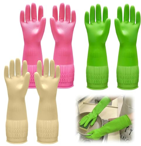 TESSTSY 3 Pairs 38 cm Medium Washing Up Rubber Gloves | Durable Elasticity Cleaning Glove with Non-Slip Long Cuff, Heavy Duty Waterproof Glove for Dishwashing, Household, Gardening