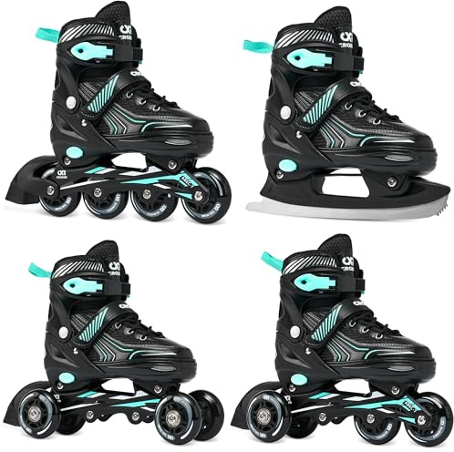 Patinaje en línea, Patinaje sobre Hielo, Patines, triskate, 4 en 1 Croxer Optima tamaño Ajustable Negro/Menta tamaño 39 a 42 (24cm-26.5cm) cambiable Hombre Mujer Convertible Adulto niño niña