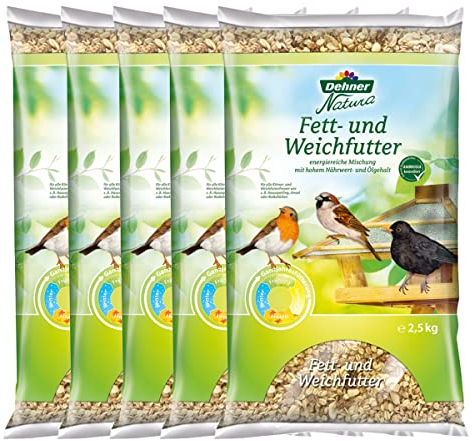 Dehner Natura Premium Wildvogelfutter, Fettfutter / Weichfutter, Ganzjahresfutter artgerecht / kraftspendend , hochwertiges Vogelfutter für Wildvögel, im Set, 5 x 2.5 kg (12.5 kg)