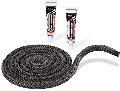 Lanzzas kamin- och spistätningsrep – Ø 14 mm, längd: 2 m – glasband för kamindörrar – värmebeständiga upp till 550 °C – med brandsäkert monteringslim