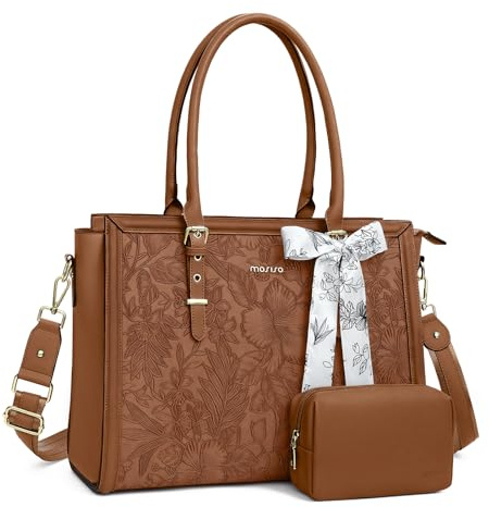 MOSISO Women's Brown PU Leather Tote Bag, 15.6-16 Inch Laptop Bag with Silk Scarf & Clutch Purse, Front Embossed Retro Hibiscus Design, Waterproof, Reinforced Bottom, Adjustable Shoulder Strap