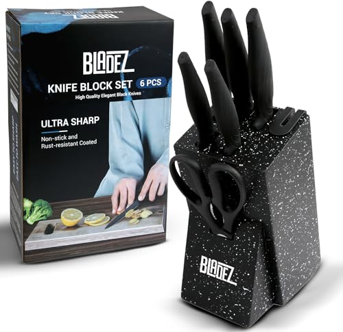 Bladez Professional Kitchen Knife Set, 5pcs Grey Kitchen Knives, Stainless Steel Granite Non Stick Blades, Chefs, Filleting, Bread, Paring and Utility Knives (Dark Grey Granite Knife Block Set 6 PCS)