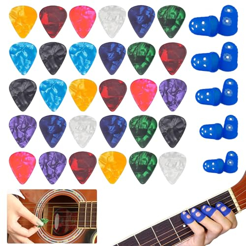 KASESSS 30 Stück Plektren Gitarre Set mit 10 Fingerkuppenschutz, 0,75 mm Dicke Zelluloid Guitar Picks, 5 Größe Silikon Finger Cots für Gitarre, Ukulele, Bass