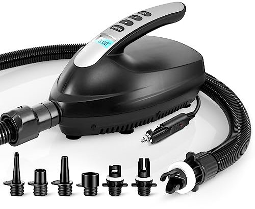 SereneLife Electric Air Pump Compressor – Portable Inflator for SUPs (Stand Up Paddle-Boards) & Pool Inflatables, Digital LCD Display, Adjustable Air Pressure Settings, Car Power Outlet Connection