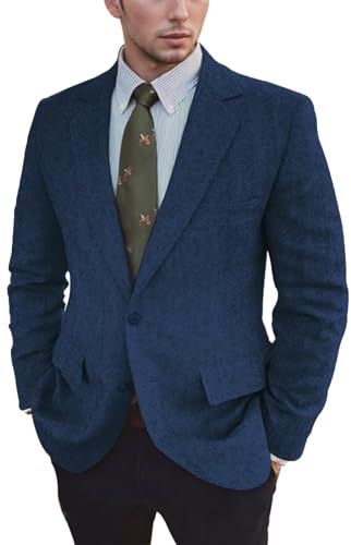 Vintage Mens Herringbone Blazer Vintage Tweed Wool Blend Sport Coat Jacket Casual Wedding Groomsmen Prom Suit Navy Blue M