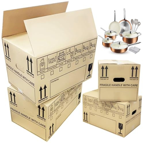 Large Strong Cardboard Packing Moving House Boxes 47cm x 32cm x 27cm With Carry Handles & Room List (10 Boxes)