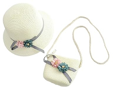 Healvian Set Spiaggia per Bambine Cappello di Paglia Bianco a Larga Che Fornisce Ombra e Borsa Tracolla Adorabile in Paglia, per Giornate Estive al Mare