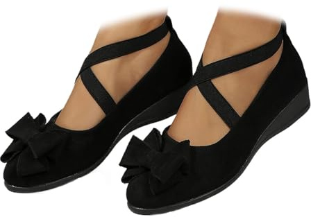 Scarpe da donna comode, elastiche incrociate, con zeppa, ballerina, alla caviglia, con cinturino incrociato, punta arrotondata, comoda pompa, Fiocco Nero, 40 EU