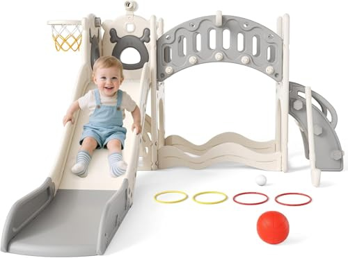 Tobogán infantil grande con canasta de baloncesto, estructura de escalada para jardín, telescópico, espacio de almacenamiento, para 1-3 años, extra largo 1700 mm (modelo activo de seis en uno