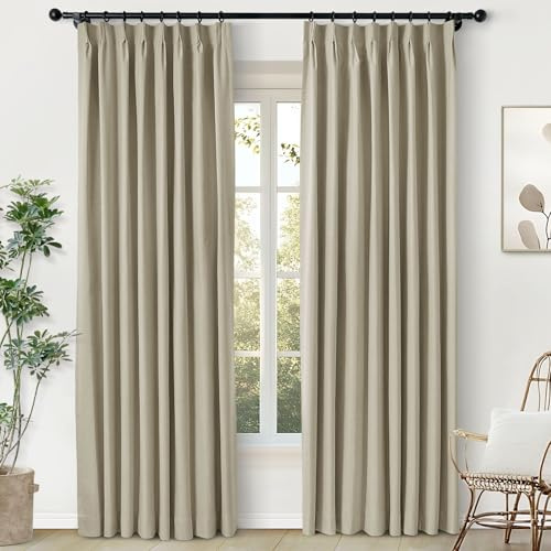 Cortinas opacas de lino para dormitorio y sala de estar, cortinas plisadas de 84 x 96 pulgadas en color beige grisáceo, cortina suave de granja con alzapaños para barra transversal, 1 panel