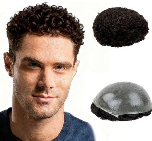 N.L.W Men Toupee 0.04mm Thin PU Hair Toupee 5mm Afro Curl #2 Deep Brown | V-Loop PU Super-Thin Skin Hair System, Double-Knotted, 100% Human Hair, 110% Hair Density Base size 8x10 inches 6''Length