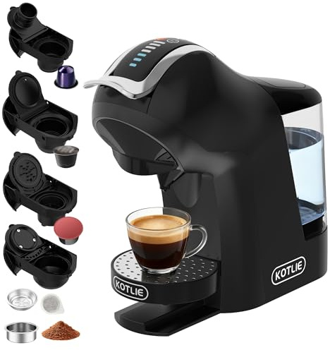 KOTLIE 5-in-1 Kapselkaffeemaschine 19 Bar, Multi-Kapselmaschine für Nespresso/Dolce Gusto/ESE Pads(44mm)/Kaffeepulver, 1L Wassertank, 3 Temperaturen/7 Wassermengen