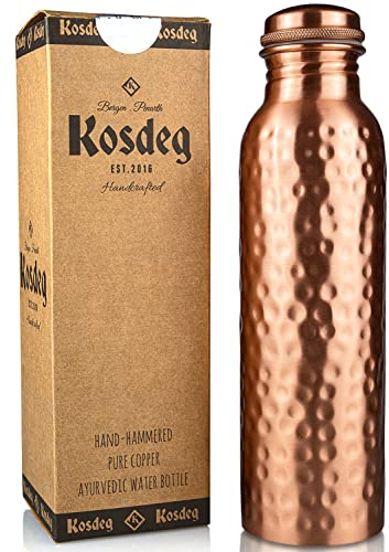Kosdeg Hammered Copper Water Bottle 1 Liter / 34 Oz Extra Large - an Ayurvedic Pure Copper Vessel - Drink More Water, Lower Your Sugar Intake and Enjoy The Health Benefits Immediately