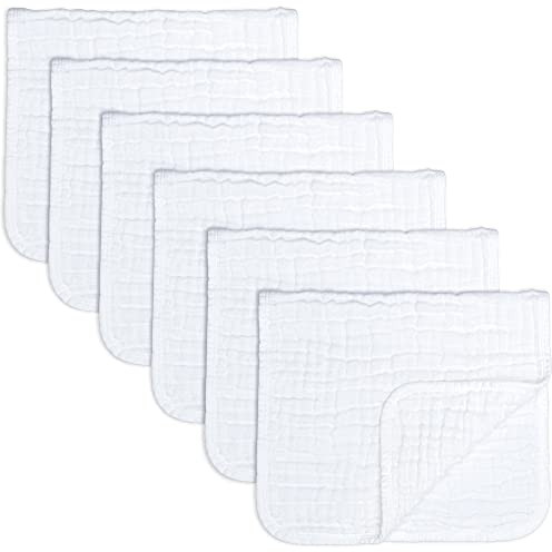 Comfy Cubs Muslin Burp Cloths 50 x 25 cm, Pack of 6 - Large 6-Layer Ultra-Absorbent 100% Cotton for Babies Drool & Messes - Safe & Gentle Baby Burp Cloth Set for Boys & Girls - White