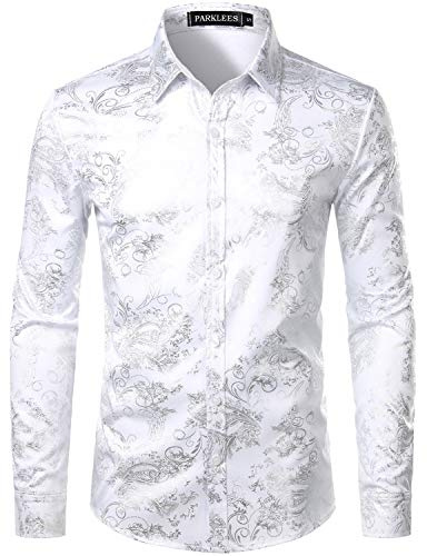 PARKLEES Camicia da uomo di lusso con stampa elegante, taglio aderente, abbottonato, motivo cachemire dorato lucido, Bianco argentato., S