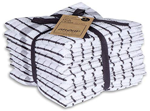 AMOUR INFINI Kitchen Dish Cloths Set of 8 - Ultra Soft, Highly Absorbent, Quick-Drying Terry Cotton Dishcloths 12x12 Inch Wash & Cleaning Cloths for Kitchen & Dishwashing (D.Grey)