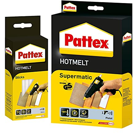 Pattex Hotmelt Sticks, Klebesticks für die Heißklebepistole mit extrem hoher Transparenz, Heißkleber Sticks zum Basteln, Dekorieren und Reparieren, (27 Sticks + Klebepistole)