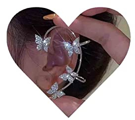 Yheakne Butterfly Ear Cuff Earrings Silver Rhinestone Butterfly Wrap Crawler Earrings Cz Full Ear Earrings No Piercing Earrings Jewelry for Women and Girls Animal Earrings (Silver)