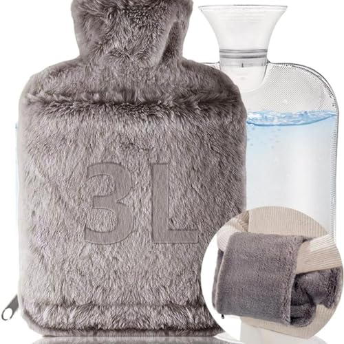 LinKecn Extra Large Hot Water Bottle with Cover UK 3L, Furry Brown Hot Water Bag with Zip Design