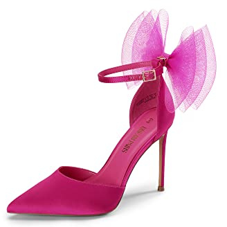 DREAM PAIRS D'Orsay - Scarpe da donna con tacco alto, punta chiusa, punta a spillo, con fiocco in rete, cinturino alla caviglia, sexy, per matrimoni e feste, Rosa caldo, 37.5 EU