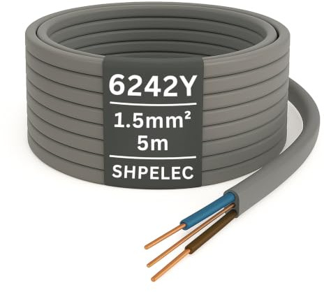 SHPELEC® 6242Y Twin and Earth Cable 1.5mm – 5m | 6242YH BASEC Approved Grey T&E | Lighting & Low-Load Circuit Wire, Solid Copper (5 Metres, 1.5mm²)