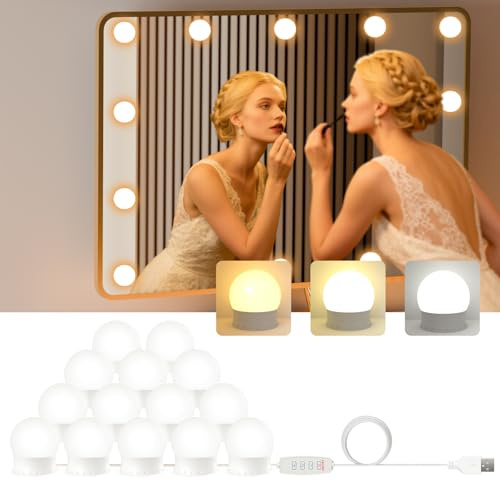 BokiHuk Luces para Espejo Maquillaje con Cable USB, Espejo Luces Estilo Hollywood con 14 Bombillas Regulables para Tocador, Luces Led Tocador con 3 Colores(Sin Espejo y Cargador USB)