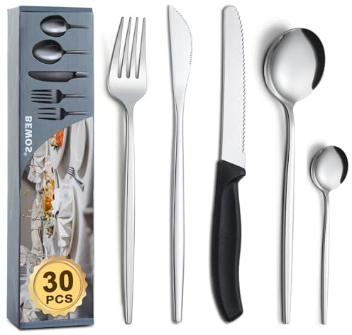 BEWOS Juego de Cubiertos de 30 Piezas con Cuchillos para Carne, Juego de Cubiertos para 6 Incluye Tenedores y Cucharas, Cubiertos Aptos para Lavavajillas, Acero Inoxidable de Grado Alimenticio
