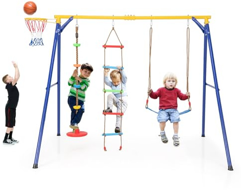 RELAX4LIFE Altalena per Bambini da Esterno 4 in 1, con Corda da Arrampicata, Scala di Corda, Canestro da Basket, Altalena Regolabile, Parco Giochi per Bambini 3-9 Anni Carico 300 kg