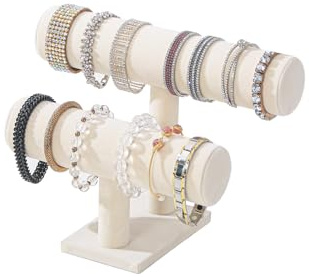 Coward 2 Tier Bracelet Holder Jewelry Display Stand, Necklace Bangle Bracelet Watch Organizer Storage Rack, Jewelry Show Tower for Women (Beige Velvet)