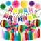EASY JOY 27PCS Birthday Party Decorations Multicoloured Hanging Paper Fans Happy Birthday Banner Fiesta Mexican Theme Tissue Paper Pom Poms LED Light String for Mexican Fiesta Garden Decorations