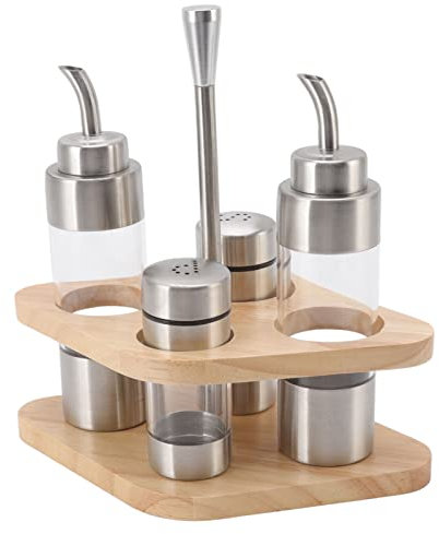 HUAOSN Lot de 4 Distributeurs D'Huile et de Sel Avec Support en Bois, Ensemble de Condiments pour Sel, Vinaigre, Poivre, Ensemble de Bouteilles D'Assaisonnement pour Cuisine