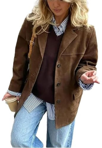 RICOCHO Damen Faux Wildleder Jacke Revers Kragen Blazer Jacke Herbst Winter Langarm Mode Leder Anzug