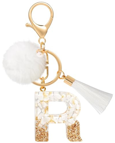 MWOOT Porte Clé Lettre R Peluche Tassel, Initial Résine Personnalisé Keychain Or Blanc, Porte Clef Lettre Pendentif Décoratif, Kawaii Porte Clef Voiture Charm, Idee Cadeau D'Anniversaire pour Femme
